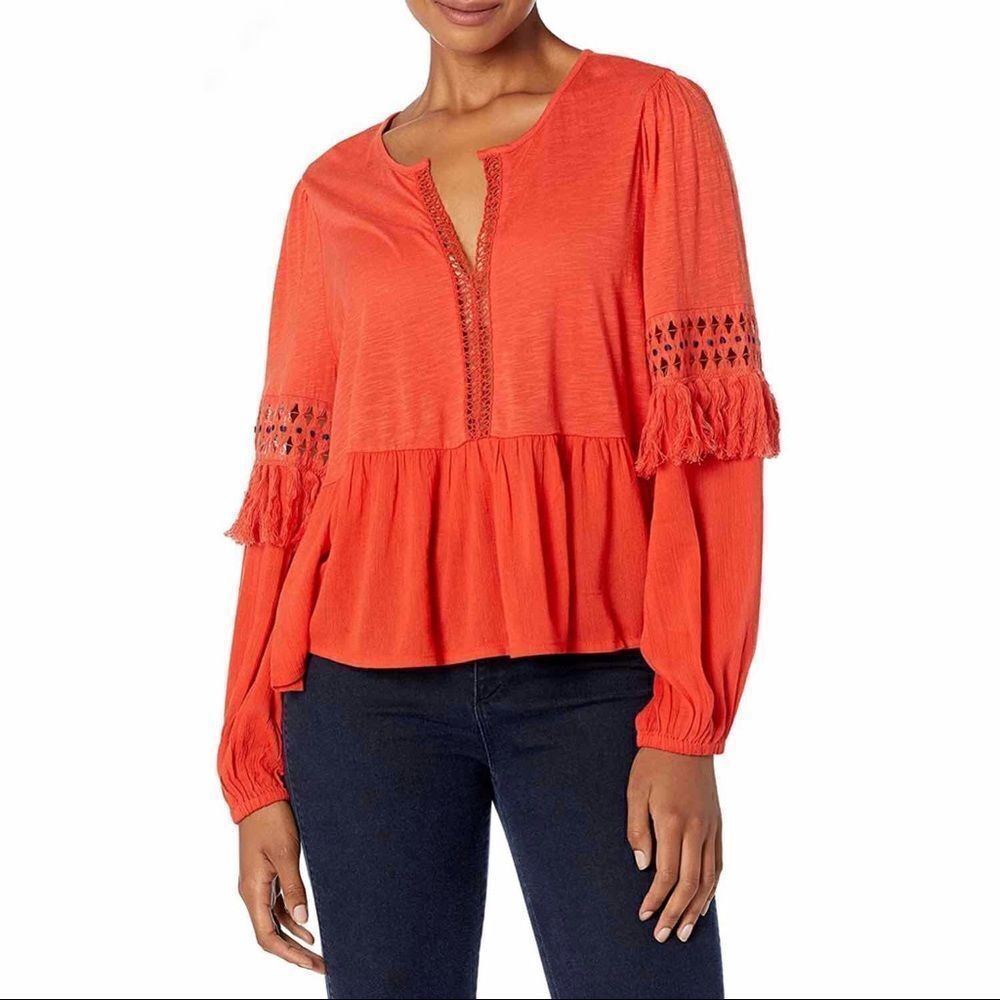 Lucky Brand Cutout Illusion Peasant Blouse Orange